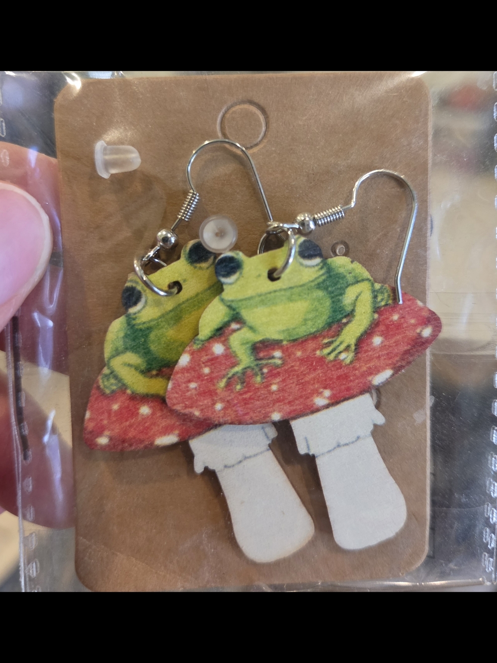 Cute Frog on Red Mushroom Dangle Earrings